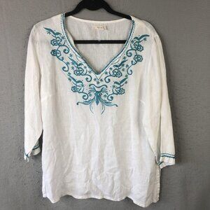 Kyla Seo Tunic Womens Large White Blue Embroidered Linen Boho Peasant Top Blouse